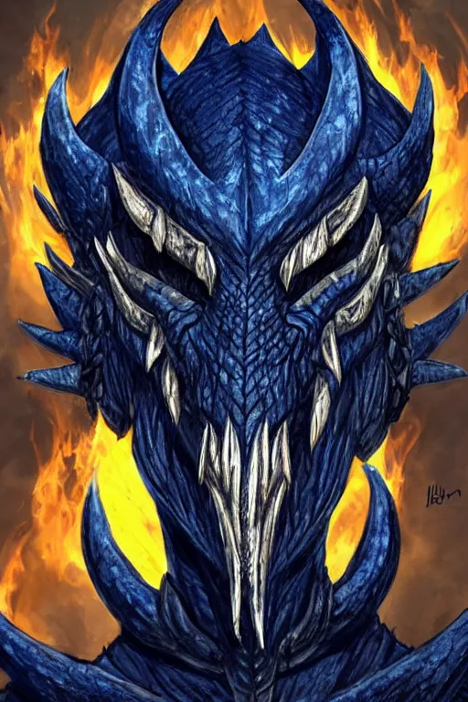 Image similar to a dark blue dragonborn with large tusks, half of his face flaming with blue flame, he wears a black dragon scales armor