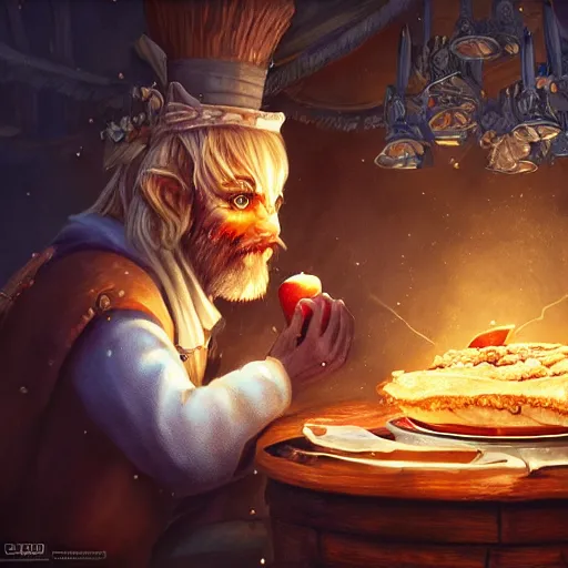 Image similar to magic wizard eating an apple pie, high detail, digital art, unreal engine, artstation, popular, magical, cinematic,