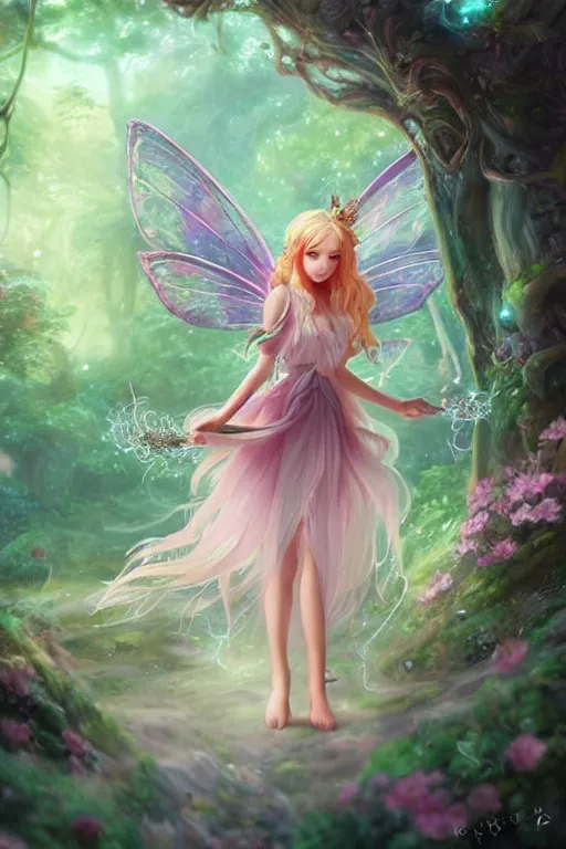 Image similar to a cute fairy in the dreamy forest, fantasy, 8 k resolution, hyper detailed, d & d, character design, digital painting, trending on artstation, sharp focus, illustration, art by artgerm, steve zheng, fuji choko, viktoria gavrilenko, hoang lap