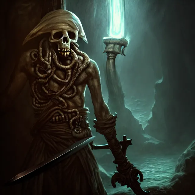 Image similar to photo of a ghostly pirate head and torso, holding a sword and standing in a grotto, photorealistic, dark, lovecraft, paul carrick, atmospheric lighting, painted, intricate, ultra detailed, well composed, best on artstation, cgsociety, epic, stunning, gorgeous, intricate detail, wow, masterpiece