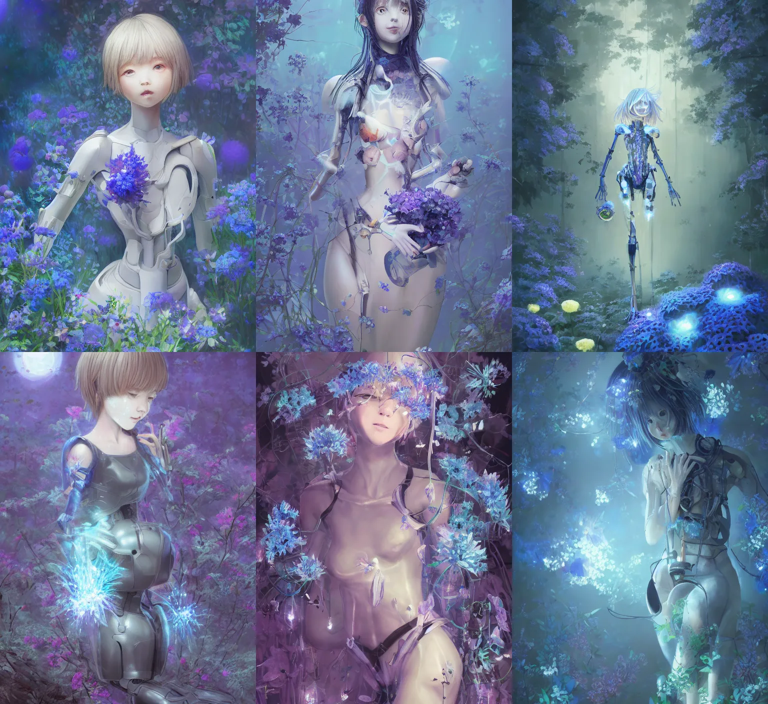 Prompt: detailed, sharp, dreaming humanoid female automata in exoskeleton surrounded by glowing blue flowers and flora floating above a dystopia by Ilya Kuvshinov and Anna Dittmann and studio ghibli and WLOP and Rossdraws, digital art, surreal, trending on artstation, anime arts, featured on Pixiv, blue lighting, HD, 8K, highly detailed, good lighting, beautiful, epic, masterpiece