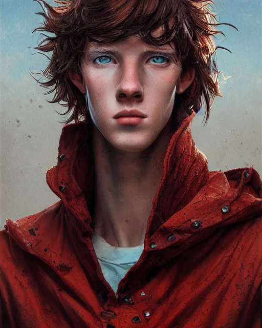 Image similar to portrait of tall, thin, 1 5 - year - old boy with a long nose, a lot of freckles, fiery red hair, and bright blue eyes, hyper realistic face, beautiful eyes, fantasy art, in the style of greg rutkowski, intricate, hyper detailed, smooth