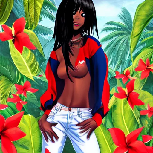 Prompt: digital painting dark skin anime girl using tight white and red raglan sleeve, tight blue jeans and cool shoes, silky long black hair with bangs in a tropical forest