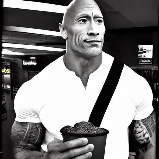 Image similar to dwayne the rock johnson at mcdonalds, cellphone photograph portrait