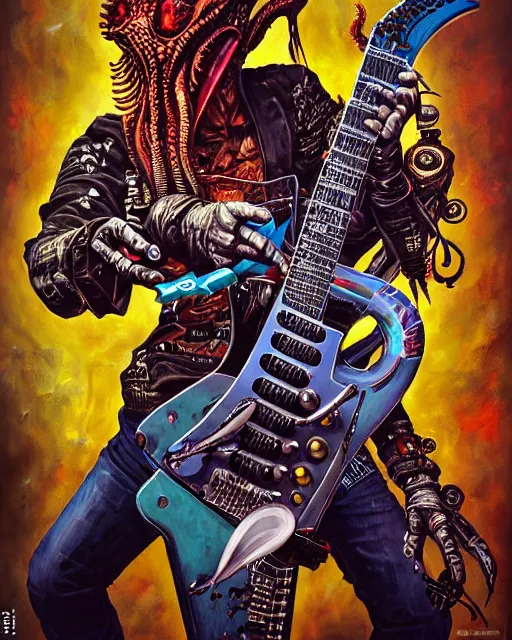 Prompt: a portrait of an anthropomorphic cyberpunk cthulhu shredding an electric guitar by sandra chevrier, by jon foster, detailed render, tape deck, epic composition, cybernetics, 4 k realistic, cryengine, realistic shaded lighting, sharp focus, masterpiece, by enki bilal