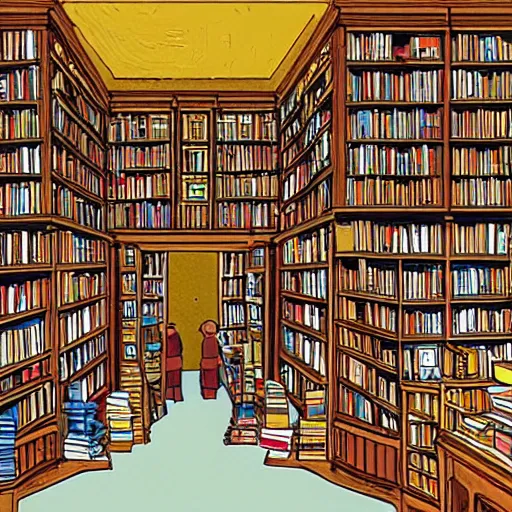 Prompt: an english bookshop pictured in four point perspective