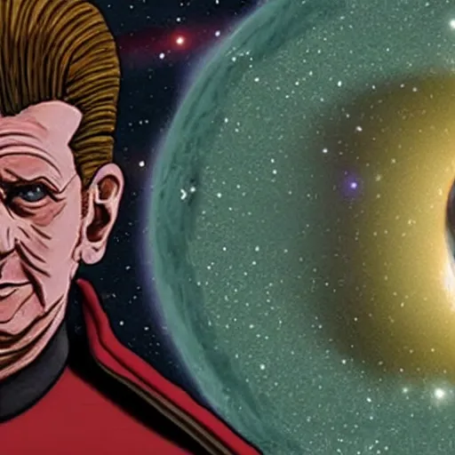 Prompt: constable odo on deep space nine staring out into the darkness of space at the many stars, with planet bajor and the bajoran wormhole in the distance