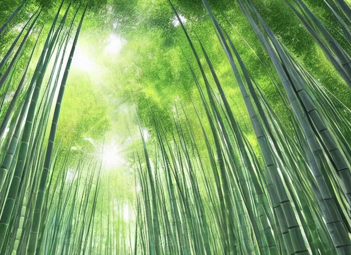 Prompt: beautiful japanese bamboo forest, sunny, extreme detail, cartoony, sketched, mid day, realistic lighting, light rays, by studio ghibli, trending on artstation, 4 k, hd
