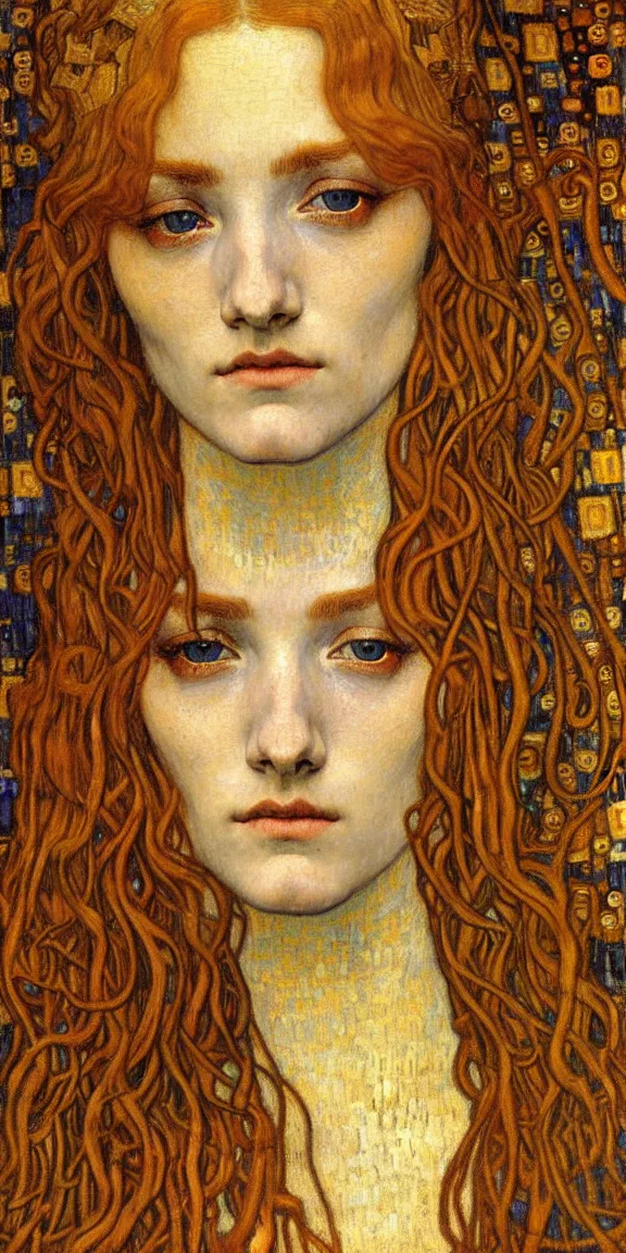 Image similar to detailed realistic beautiful young medieval queen face portrait by jean delville, gustav klimt and vincent van gogh, art nouveau, symbolist, visionary, gothic, pre - raphaelite, muted earthy colors, desaturated