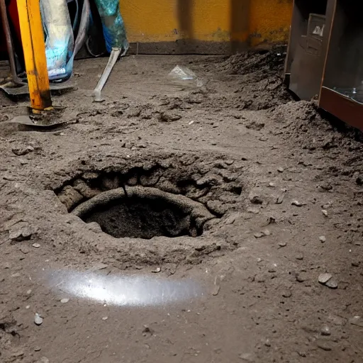 Prompt: Photograph of borehole dug out in the floor of an office cubicle adorned with small effigies