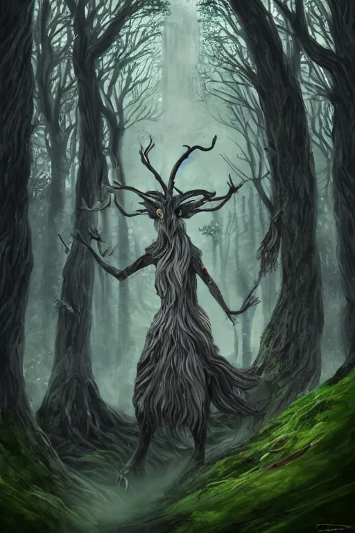 Image similar to gaelic forest spirit, qirin, god, deity, serene, wide angle, super highly detailed, professional digital painting, artstation, concept art, smooth, sharp focus, no blur, no dof, extreme illustration, Unreal Engine 5, Photorealism, HD quality, 8k resolution, cinema 4d, 3D, beautiful, cinematic, art by artgerm and greg rutkowski and alphonse mucha and loish and WLOP