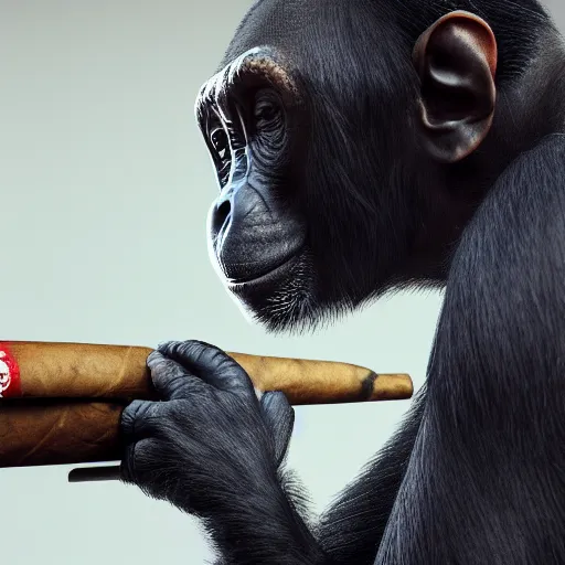 Image similar to a high detail shot of a chimp wearing a suit, smoking a cigar, render, cgsociety, photorealism