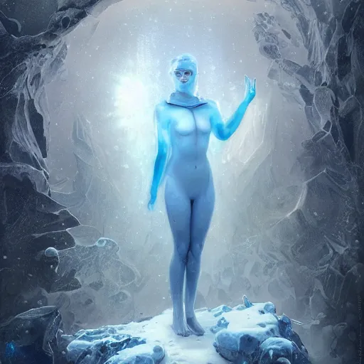 Image similar to a hyperrealistic illustration of a human in the Arctic, snow on the body, blue transparent ice with fractal sunlight, award-winning, masterpiece, in the style of Tom Bagshaw, Cedric Peyravernay, Peter Mohrbacher