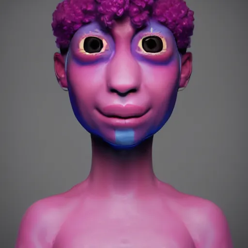 Prompt: a cyclops girl with a blue eye. pink afro hair. big mouth. 4k. ultrarealistic. render in octane