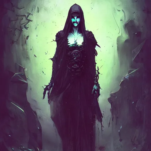 Image similar to dark cloaked necromancer, by artur bordalo and tom bagshaw and craig davison and guy denning and harumi hironaka, trending on artstation hq, deviantart, pinterest, 4 k uhd image