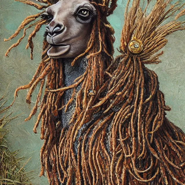 Image similar to llama with dreadlocks, by mandy jurgens, ernst haeckel, el anatsui