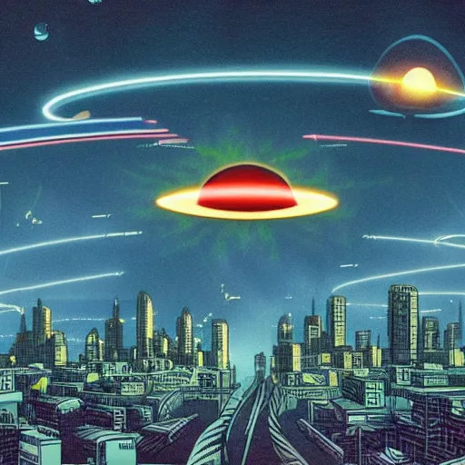 Image similar to flying saucers destroying a city with lasers