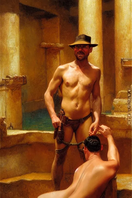 Image similar to indiana jones at a roman bathhouse, painting by, tom of finland, gaston bussiere, craig mullins, j. c. leyendecker