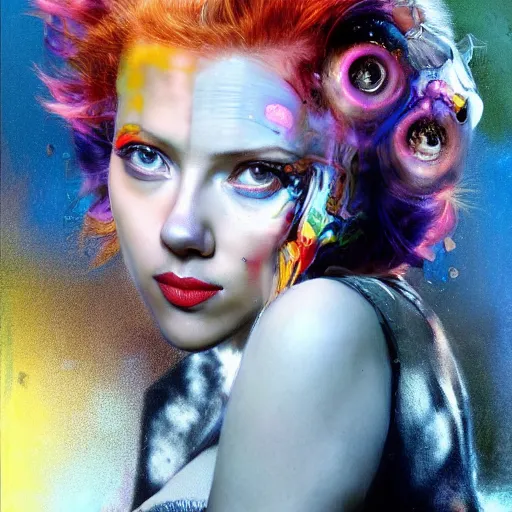 Image similar to scarlett johansson as delirium from sandman, ( hallucinating colorful soap bubbles ), by jeremy mann, by sandra chevrier, by dave mckean and richard avedon and maciej kuciara, punk rock, tank girl, high detailed, 8 k