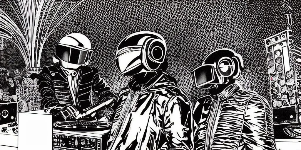Image similar to intricate detailed artwork of Daft Punk using dj controller at an underground rave party in Ibiza, playing techno house music LOUD, thousands of beautiful girls in bikini dancing on the dancefloor, in the style of Moebius, wires, speakers, black and white ink, some ink drips