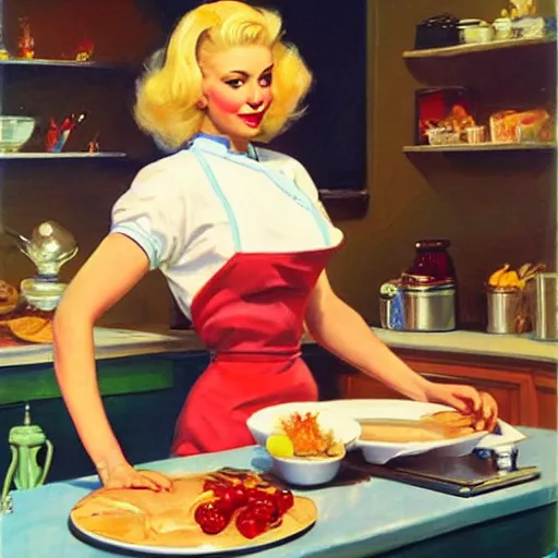 Image similar to blonde woman making breakfast, art by art frahm
