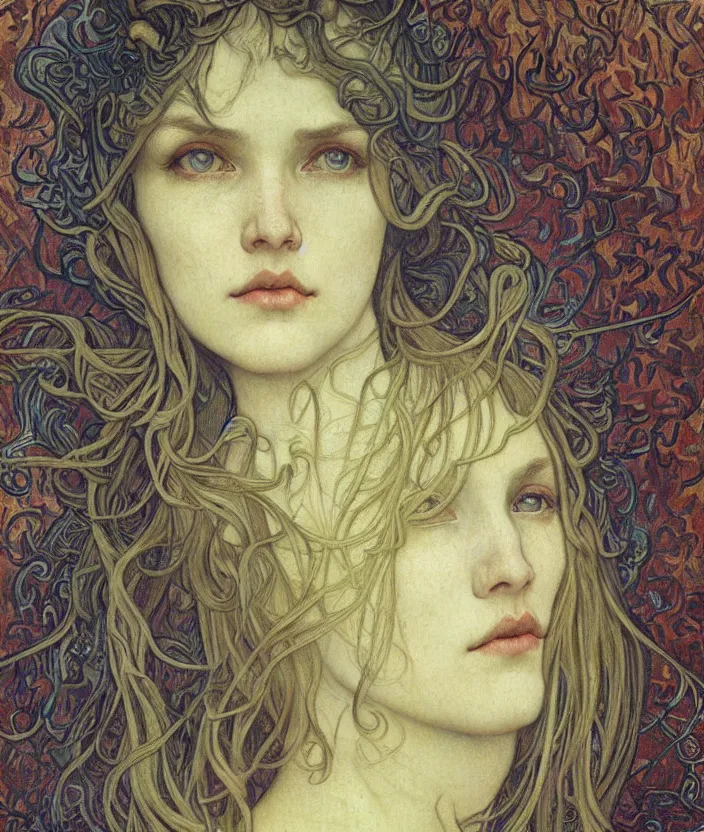 Image similar to detailed realistic beautiful young medieval queen face portrait by jean delville, alphonse mucha, vincent van gogh, and marco mazzoni, art nouveau, symbolist, visionary, gothic, pre - raphaelite