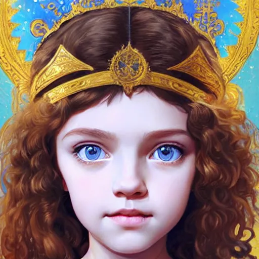 Image similar to a little girl with short wavy curly light brown hair and blue eyes, a space empress in byzantine style. beautiful highly detailed face, painting by ilya kuvshinov and raymond swanland