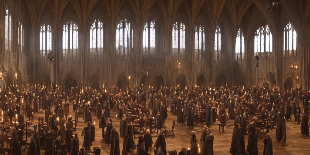 Image similar to film still. screenshot. hogwarts castle. the great hall. busy. early morning. directed by denis villeneuve. extremely detailed. 4 k.