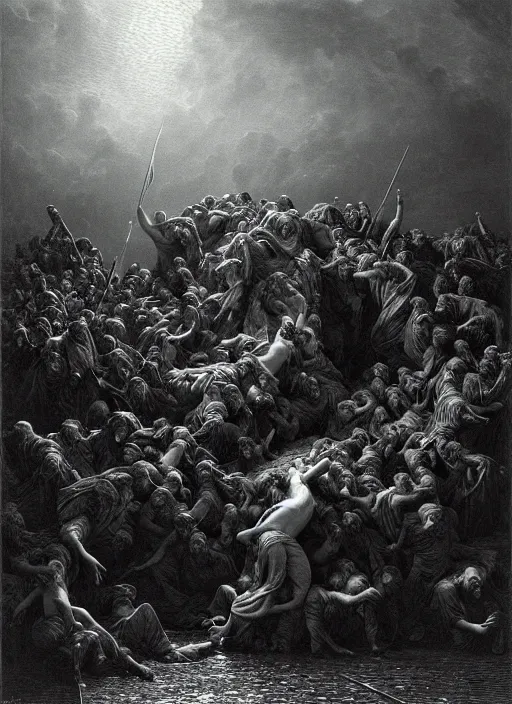 Prompt: pain, epic scene, photorealistic, highly detailed, texture, soft light, dramatic, moody, ambient, painting by gustave dore
