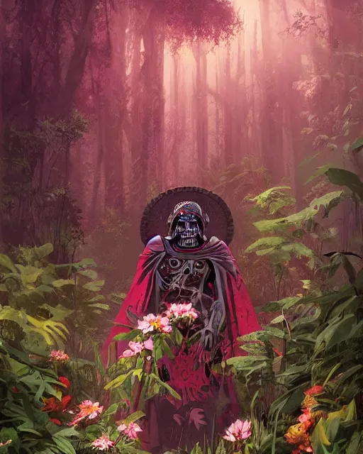 Prompt: Aztec sith lord surrounded by flowers, forest, Marc Simonetti