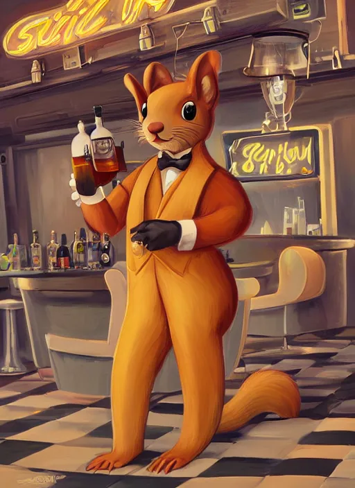 Prompt: squirrel anthro as a dapper bartender with a big fluffy tail, retro futurism, art deco, detailed painterly digital art by Axel Hess, 🐿🍸🍋, furaffinity, trending on artstation