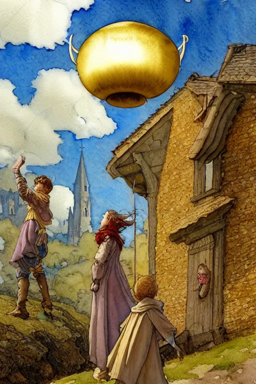 Image similar to a hyperrealist watercolor concept art of an elegant golden ufo in the sky above a small medieval town. one single dirty medieval peasant child is in the foreground pointing up at the sky. very muted colors, by rebecca guay, michael kaluta, charles vess. high detail, hq, wide shot, 4 k