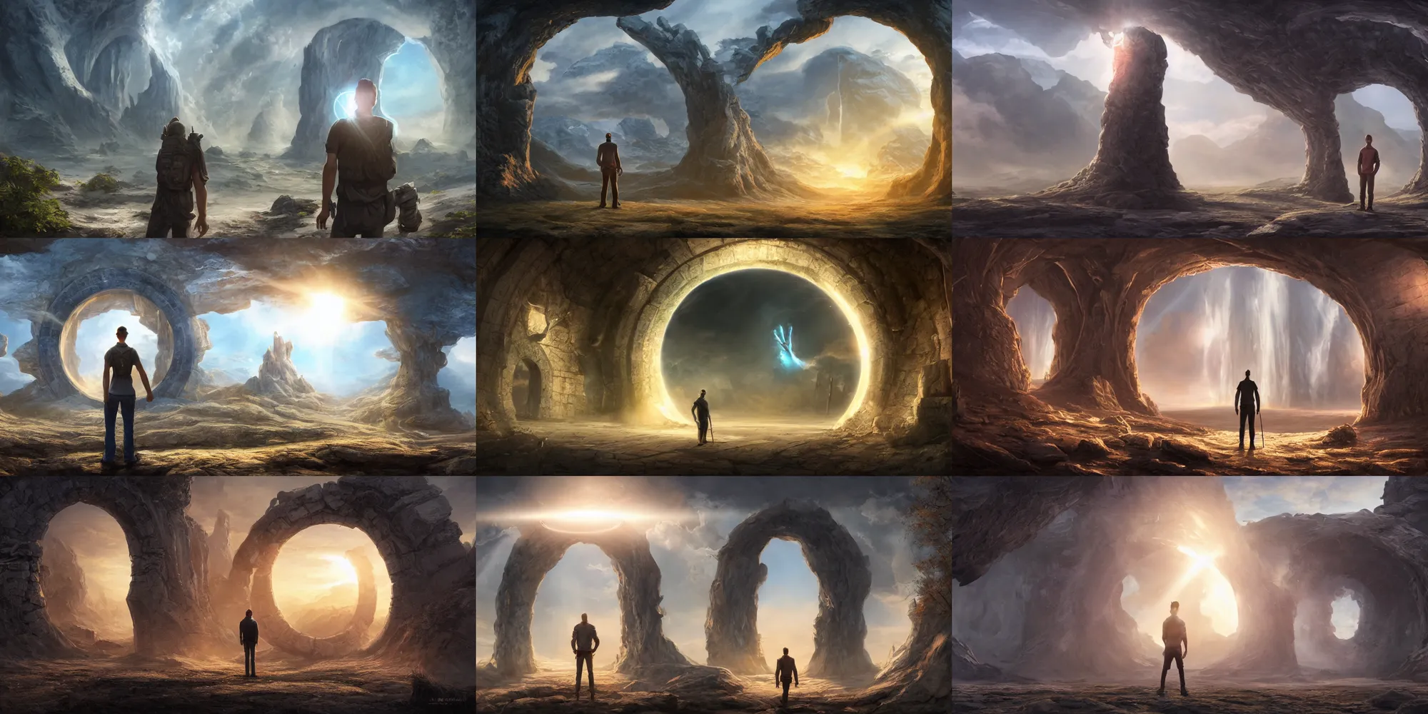 Prompt: a man standing in front of a giant portal, a detailed matte painting by viktor madarasz, featured on cgsociety, fantasy art, reimagined by industrial light and magic, anamorphic lens flare, concept art