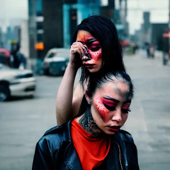 Prompt: Cinestill 50d candid photography of a city on fire, a techwear mixed woman wearing thick mascara and dark glitter makeup crying outside of a city on fire, tattoos, tilted frame, 4k, 8k, hd, full color, long shot, wide shot, full shot, blurry