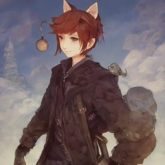 Image similar to character portrait of boy with cat ears and tail resting, color page, tankoban, 4 k, tone mapping, fantasy painting, akihiko yoshida, james jean, andrei riabovitchev, marc simonetti, yoshitaka amano, fluffy, curly, very very very very very very very very very beautiful.