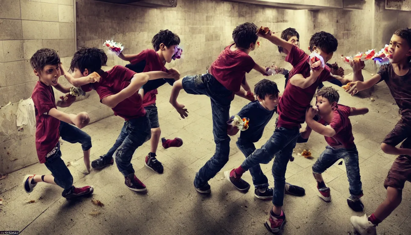 Prompt: kids fighting in a squalid subway over half eaten fast food, hyper realistic photo, full colour, upscale, 8 k