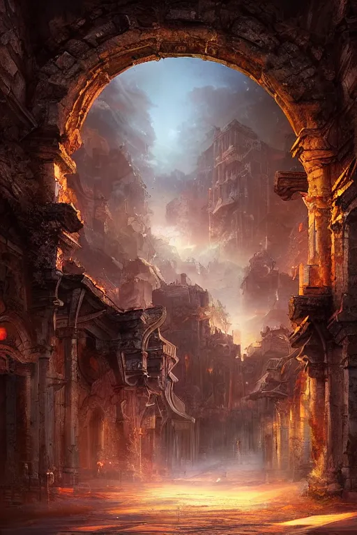 Image similar to beautiful matte painting street art fantasy ruins skyline background painted, intricate, volumetric lighting, beautiful, rich deep colors masterpiece, sharp focus, ultra detailed by