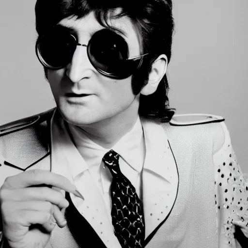 Image similar to professional studio portrait photo of john lennon dressed like elvis, photoshoot