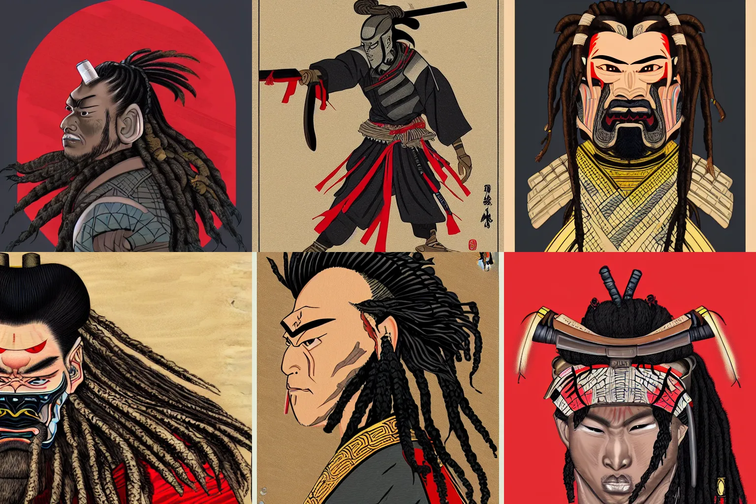 Prompt: digital portrait painting of the Predator as a samurai in ancient Japan, ukiyo-e style, dreadlocks, trending on Artstation