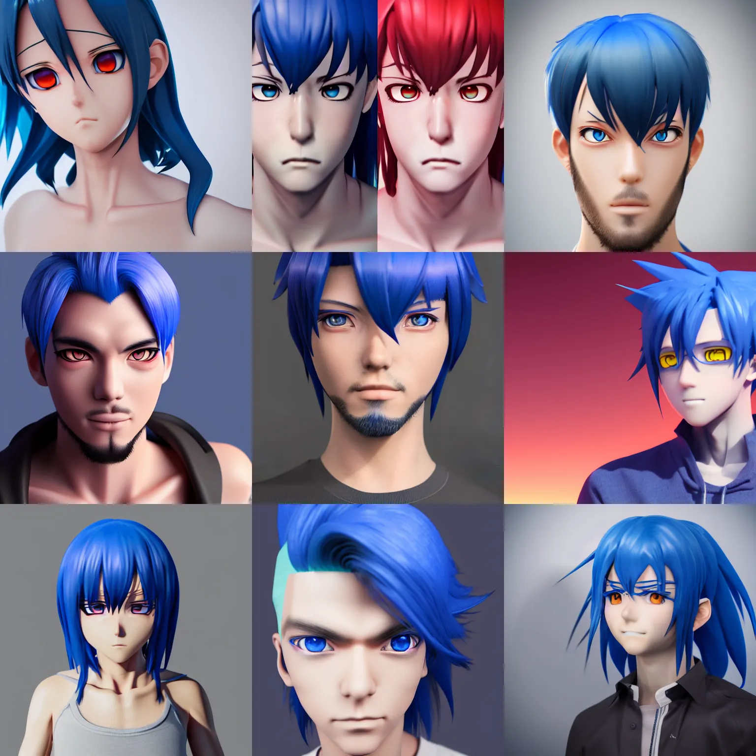 Prompt: 3D render of an anime man with blue hair,red eyes,octane render,ray tracing,super detailed,hyperdetailed,detailed face,professional model,professional lighting,3 point lighting,soft shadows,photorealistic,4k