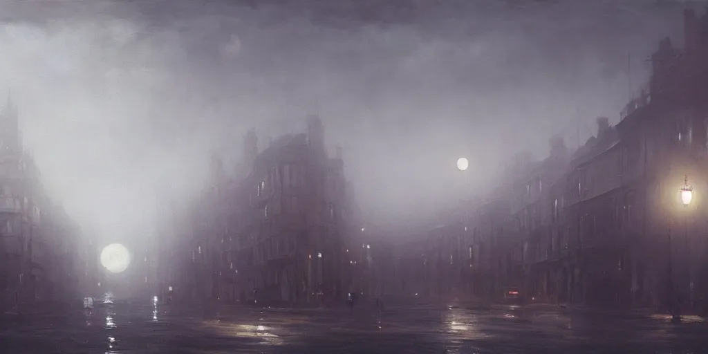 Prompt: A hyper realistic oil painting of a moon hanging over a victorian age city, view from the streets, fog, creepy atmosphere, moody cinematic lighting, focus on the moon, hyper detailed, by greg rutkowski, trending on artstation