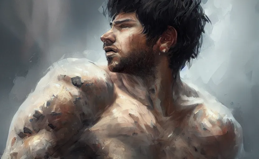 Image similar to a painting of arkul trending on artstation in the style of greg rutkowski, beautiful, male, sensual, natural skin, muscular, stubble, warrior, tattoos