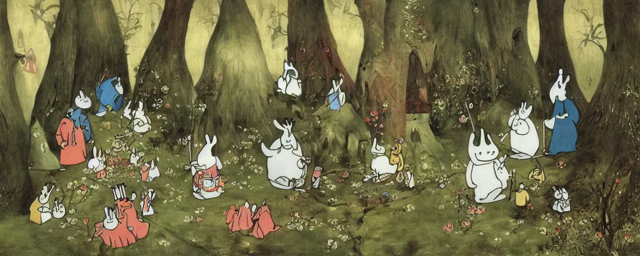 Image similar to the moomins, bosch painting, very detailed!, high quality