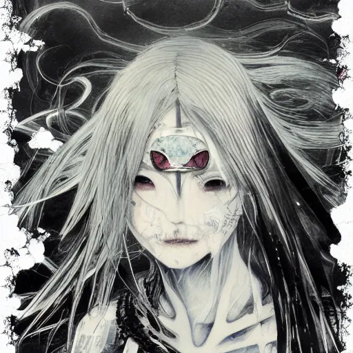 Image similar to yoshitaka amano blurred and dreamy illustration of an anime girl with pirate eye patch, wavy white hair and cracks on her face wearing elden ring armour with the cape fluttering in the wind, abstract black and white patterns on the background, noisy film grain effect, highly detailed, renaissance oil painting, weird portrait angle