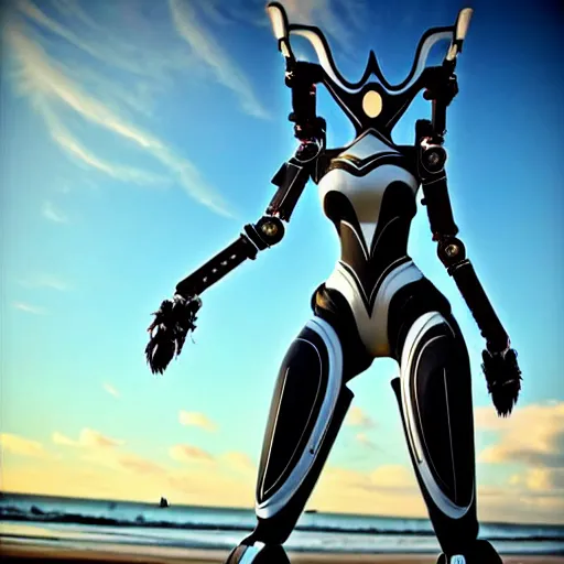 Image similar to looking up at a highly detailed 300 foot tall giant exquisite beautiful female warframe, as an anthropomorphic robot dragon, posing elegantly over your tiny form, detailed legs looming over you, camera on the ground, at the beach on a sunset, sleek streamlined design, streamlined matte black armor, sharp detailed claws, detailed sharp robot dragon feet, giantess shot, upward shot, ground view shot, leg shot, front shot, cinematic shot, high quality warframe fanart, captura, realistic, professional digital art, high end digital art, furry art, giantess art, anthro art, DeviantArt, artstation, Furaffinity, 8k HD render, epic lighting