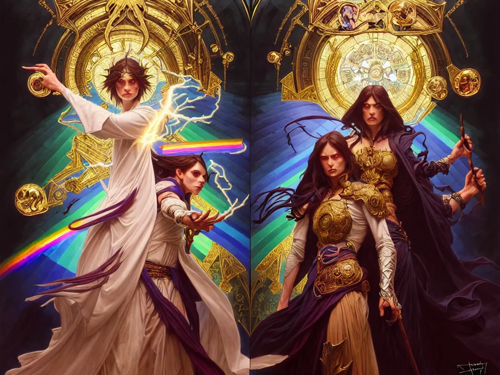 Image similar to painting of powerful stylish sorcerer and a cleric banishing the darkness and its abominations with a rainbow spell, ultra realistic, concept art, intricate details, eerie, highly detailed, photorealistic, octane render, 8 k, unreal engine. art by artgerm and greg rutkowski and magali villeneuve and alphonse mucha