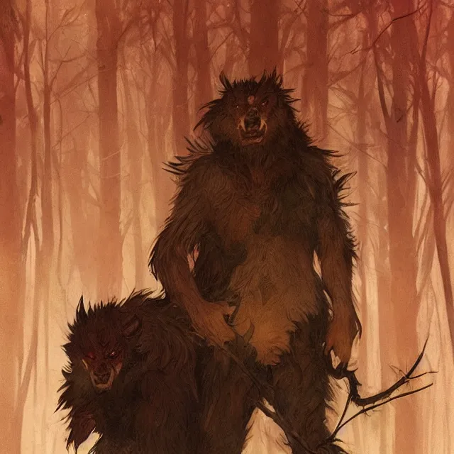 Prompt: a young fit male werewolf with long claws in a dark forest at night, by greg rutkowski and alphonse mucha, gradient brown to red, highly detailed, digital painting, artstation, concept art, smooth, sharp focus illustration