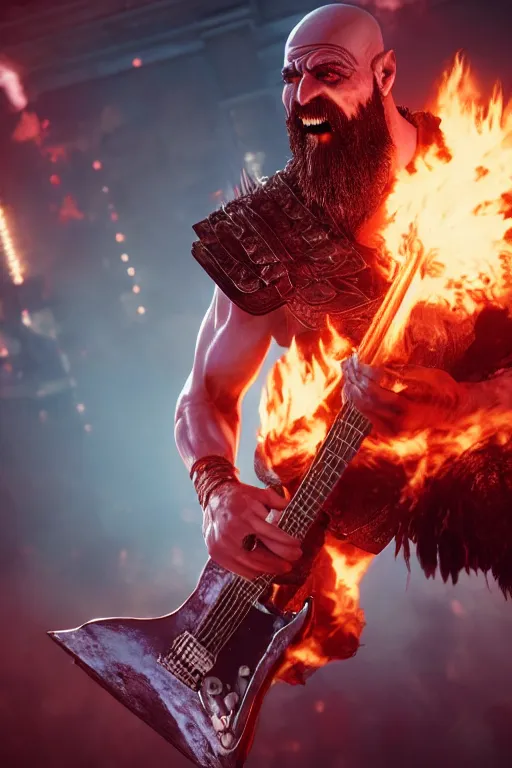 Prompt: screaming kratos rocking out on a flaming stratocaster guitar, cinematic render, god of war 2 0 1 8, playstation studios official media, lightning, flames, red stripe, red stripe, red stripe, red stripe, clear, coherent