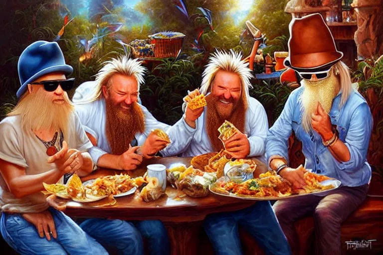 Prompt: rod stewart eating tacos with zz top, an oil painting by ross tran and thomas kincade