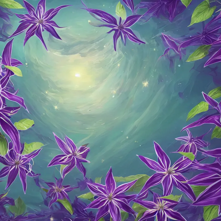 Image similar to clematis theme logo, clematis theme banner, clematis design, clematis in the deep sea, clematis like stars in the sky, trending on artstation, warm light, lovely and cute, fantasy art, 8 k resolution, highly detailed